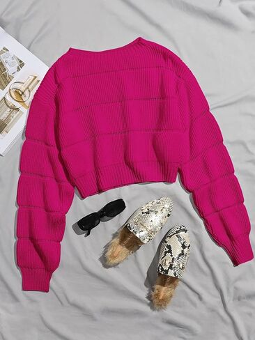 Floerns Women's Solid Rib Knit Drop Shoulder Long Sleeve Crop Pullover Sweater Top in Saudi Arabia