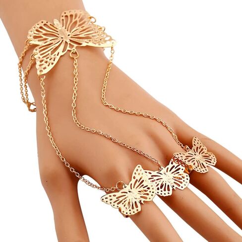 Xerling Gold Butterfly Finger Ring Bracelets Women Hand Harness Slave Bracelets Boho Ring Bracelets Hand Chain for Girls Link Chain Hand Jewelry for Women in Kuwait