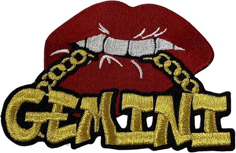 Poppin' Red Lip "Gemini" with Gold Metallic Chain, Size 4", Iron-On Embroidered Patch, Astrology Zodiac Patch, DIY in Saudi Arabia