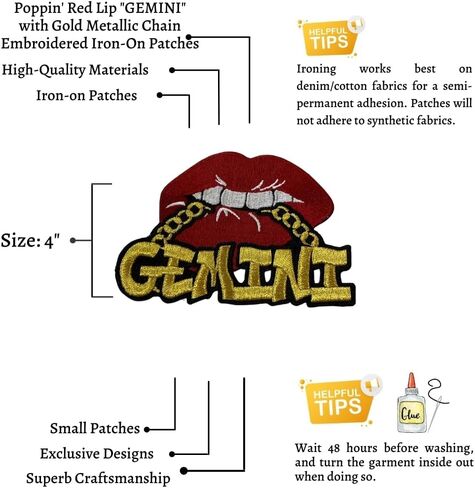 Poppin' Red Lip "Gemini" with Gold Metallic Chain, Size 4", Iron-On Embroidered Patch, Astrology Zodiac Patch, DIY in Saudi Arabia