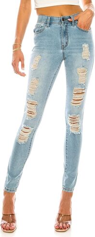 بنطال جينز نسائي ضيق كاجوال بحزام خصر مطاطي وقصة ضيقة من قماش الدنيم المغسول in Kuwait