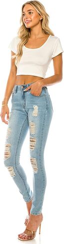 بنطال جينز نسائي ضيق كاجوال بحزام خصر مطاطي وقصة ضيقة من قماش الدنيم المغسول in Kuwait