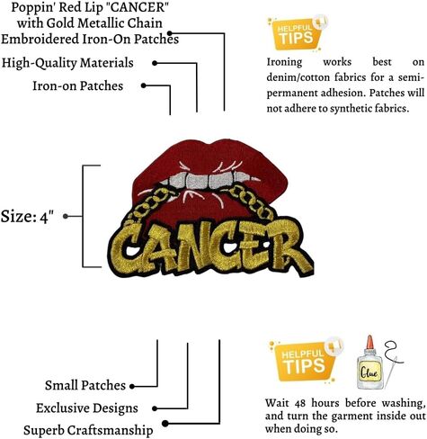 Poppin' Red Lip "Gemini" with Gold Metallic Chain, Size 4", Iron-On Embroidered Patch, Astrology Zodiac Patch, DIY in Kuwait