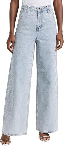 Self Portrait Women's Blue Rhinestone Wide Leg Jeans in Kuwait