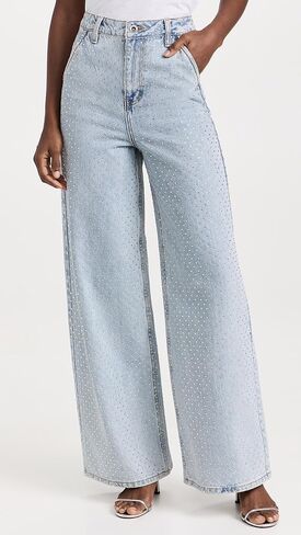 Self Portrait Women's Blue Rhinestone Wide Leg Jeans in Kuwait