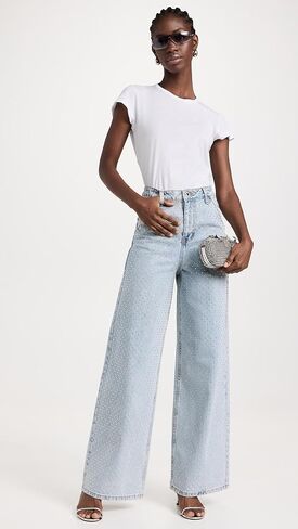 Self Portrait Women's Blue Rhinestone Wide Leg Jeans in Kuwait