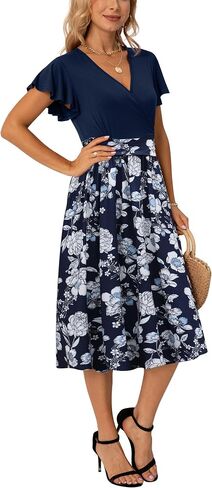 GRECERELLE Spring Summer Dress for Women Casual Ruffle Short Sleeve Wrap V-Neck Dress with Pockets in Saudi Arabia
