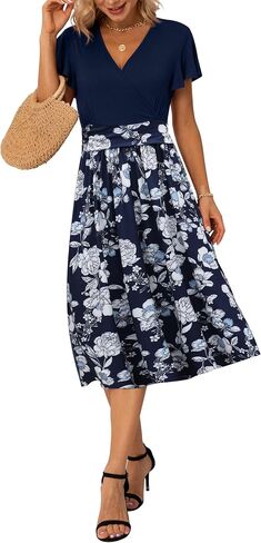 GRECERELLE Spring Summer Dress for Women Casual Ruffle Short Sleeve Wrap V-Neck Dress with Pockets in Saudi Arabia