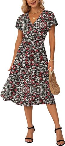 GRECERELLE Spring Summer Dress for Women Casual Ruffle Short Sleeve Wrap V-Neck Dress with Pockets in Saudi Arabia