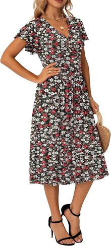 GRECERELLE Spring Summer Dress for Women Casual Ruffle Short Sleeve Wrap V-Neck Dress with Pockets in Saudi Arabia