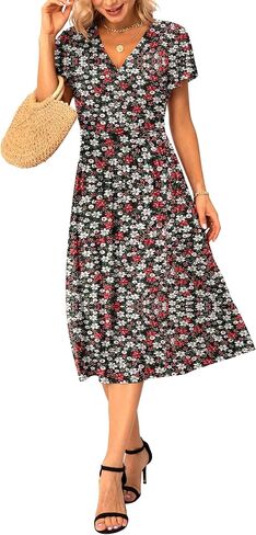 GRECERELLE Spring Summer Dress for Women Casual Ruffle Short Sleeve Wrap V-Neck Dress with Pockets in Saudi Arabia