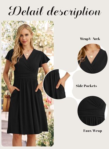 GRECERELLE Spring Summer Dress for Women Casual Ruffle Short Sleeve Wrap V-Neck Dress with Pockets in Saudi Arabia