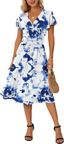 GRECERELLE Spring Summer Dress for Women Casual Ruffle Short Sleeve Wrap V-Neck Dress with Pockets in Saudi Arabia