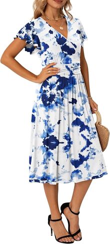 GRECERELLE Spring Summer Dress for Women Casual Ruffle Short Sleeve Wrap V-Neck Dress with Pockets in Saudi Arabia