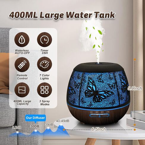 Diffusers for Essential Oils Large Room 400ml,Essential Oil Diffuser for Home with R/C,Cool Mist Humidifiers for Bedroom,7 Colors Changed & 3 Mist Mode Waterless Auto Off for Decor Butterfly in Saudi Arabia