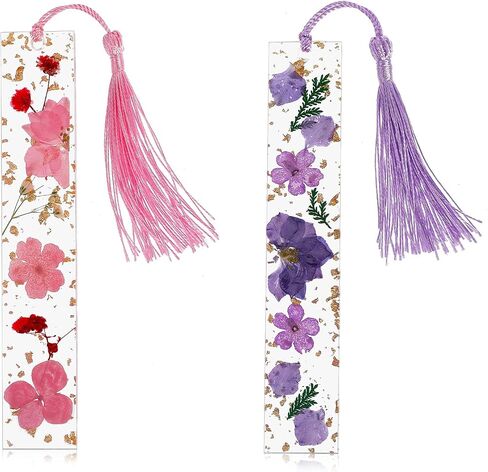 Dried Flower Resin Bookmarks,2Pcs Handmade Transparent Floral Bookmark Pressed Flower Book Mark with Colorful Tassel Cute Bookmark for Women Kids Book Lovers Holiday Gift in Saudi Arabia