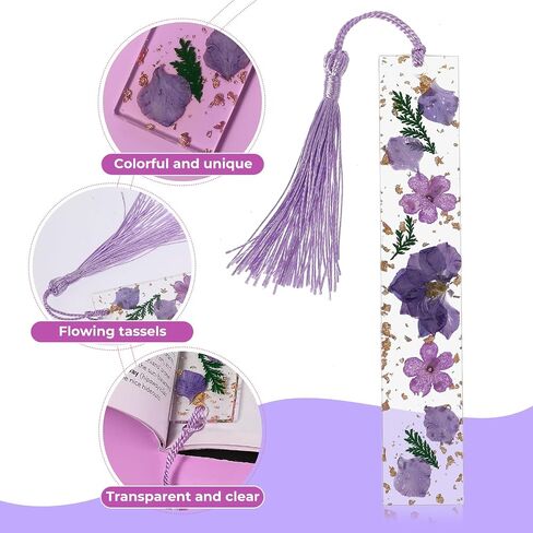 Dried Flower Resin Bookmarks,2Pcs Handmade Transparent Floral Bookmark Pressed Flower Book Mark with Colorful Tassel Cute Bookmark for Women Kids Book Lovers Holiday Gift in Saudi Arabia