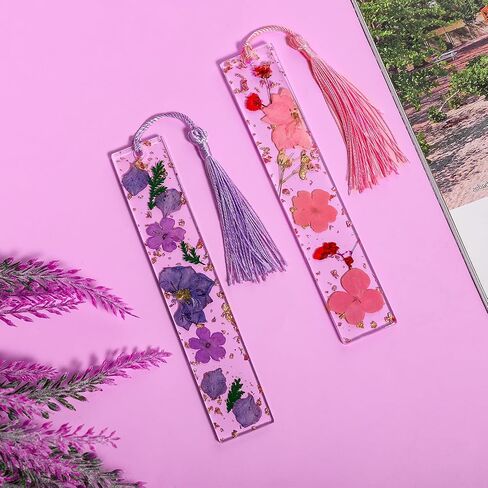 Dried Flower Resin Bookmarks,2Pcs Handmade Transparent Floral Bookmark Pressed Flower Book Mark with Colorful Tassel Cute Bookmark for Women Kids Book Lovers Holiday Gift in Saudi Arabia