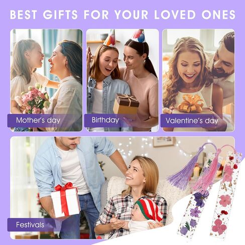 Dried Flower Resin Bookmarks,2Pcs Handmade Transparent Floral Bookmark Pressed Flower Book Mark with Colorful Tassel Cute Bookmark for Women Kids Book Lovers Holiday Gift in Saudi Arabia