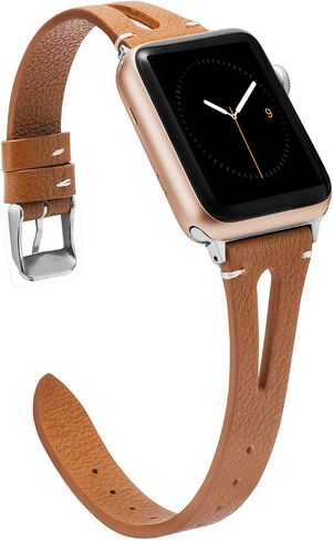 جلد بني من Wearlizer متوافق مع أحزمة ساعة Apple مقاس 38 مم 40 مم 41 مم لساعة iWatch SE للسيدات والرجال، أشرطة معصم بفتحة مثلثة خاصة (إبزيم معدني فضي) سلسلة 9/8/7/6/5/4/3/2/1 in Kuwait