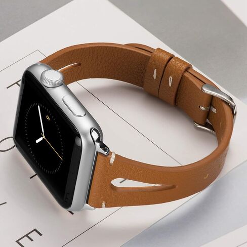 جلد بني من Wearlizer متوافق مع أحزمة ساعة Apple مقاس 38 مم 40 مم 41 مم لساعة iWatch SE للسيدات والرجال، أشرطة معصم بفتحة مثلثة خاصة (إبزيم معدني فضي) سلسلة 9/8/7/6/5/4/3/2/1 in Kuwait