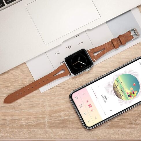 جلد بني من Wearlizer متوافق مع أحزمة ساعة Apple مقاس 38 مم 40 مم 41 مم لساعة iWatch SE للسيدات والرجال، أشرطة معصم بفتحة مثلثة خاصة (إبزيم معدني فضي) سلسلة 9/8/7/6/5/4/3/2/1 in Kuwait