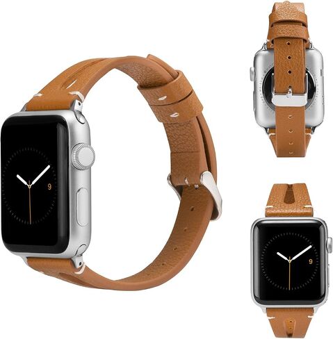 جلد بني من Wearlizer متوافق مع أحزمة ساعة Apple مقاس 38 مم 40 مم 41 مم لساعة iWatch SE للسيدات والرجال، أشرطة معصم بفتحة مثلثة خاصة (إبزيم معدني فضي) سلسلة 9/8/7/6/5/4/3/2/1 in Kuwait