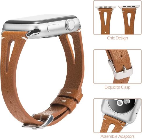 جلد بني من Wearlizer متوافق مع أحزمة ساعة Apple مقاس 38 مم 40 مم 41 مم لساعة iWatch SE للسيدات والرجال، أشرطة معصم بفتحة مثلثة خاصة (إبزيم معدني فضي) سلسلة 9/8/7/6/5/4/3/2/1 in Kuwait