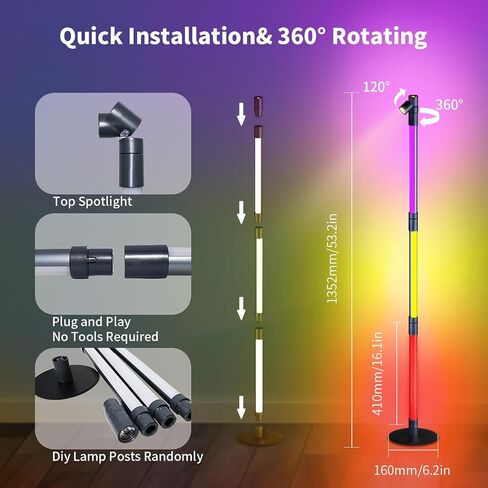 مصباح أرضي LED من ROMANJOY، مصباح زاوية LED RGBW-IC للتحكم عن بعد/التحكم في التطبيق، مصباح أرضي ذكي حديث مع مزامنة الموسيقى و16 مليون لون DIY، مصباح أرضي متغير اللون لغرفة النوم وغرفة المعيشة in Kuwait