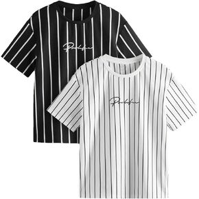 Floerns Boy's 2 Pcs Short Sleeve Striped Print Drop Shoulder Tee Shirt