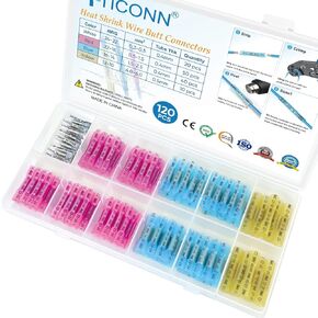 مجموعة موصلات المؤخرة المنكمشة بالحرارة 120 قطعة من TICONN، AWG 24 - 10 4 مقاسات، أطراف تجعيد أسلاك السيارات البحرية الكهربائية المعزولة المقاومة للماء (120 قطعة)