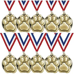 ميداليات Crown Awards بطباعة مخالب - 10 عبوات - 2 بوصة ميداليات ذهبية بطباعة مخالب مع شريط رقبة أحمر وأبيض وأزرق