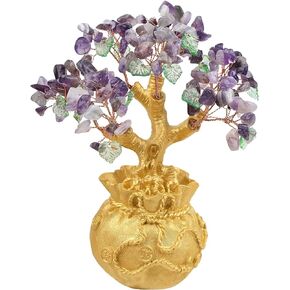 Rockcloud Crystal Money Tree with Golden Money Bag, Feng Shui Cabinet Decoration for Wealth and Luck Bonsai Home Office Ornament, Howlite Turquoise