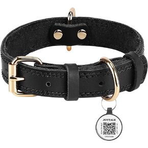 Joytale Leather Dog Collars for Small Dogs, Genuine Heavy Duty Dog Collar with QR ID Tag, Soft Metal Buckle Collars, Black, XS