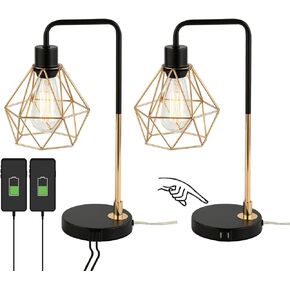 COTULIN Set of 2 Touch Control Black Gold Table Lamp,Modern Industrial Desk Lamp with 2 USB Charging Ports,3-Way Dimmable Bedside Nightstand Cage Reading Lamp for Bedroom Living Room Office Study
