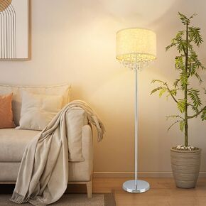 DINGLILIGHTING DLLT Crystal Floor Lamp for Living Room Modern Standing Lamp for Bedroom, Chrome Finish 64" Tall Pole LED Floor Lamp, 9W Bulb Included, Fabric Shade, Silver
