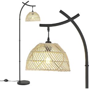zeyu 63" Farmhouse Floor Lamp, Vintage Boho Standing Lamp for Living Room, with Handwoven Rattan Lampshade in Wood Grain Paint Finish, ZSL82-FL WD