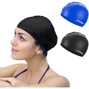 Swim Cap for Kids Girls Boys, Swimming Cap for Long Hair, 2Pack Silicone Swimmer Cap for Youths Unisex