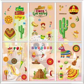 9PCS Mexican Window Clings for Glass Window Home, Removable Cactus Cinco de Mayo Window Stickers for Cinco De Mayo Party Decorations Office Supplies, Cinco de Mayo Mexican Party Window Cling