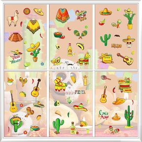 9PCS Mexican Window Clings for Glass Window Home, Removable Cactus Cinco de Mayo Window Stickers for Cinco De Mayo Party Decorations Office Supplies, Cinco de Mayo Mexican Party Window Cling