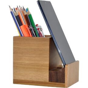 Spiretro Pen Pencil Holder with Mobile Cell Phone Stand Desk Organizer, Stationery Box Storage Cup Container, Ideal Decorative Gift for Office, Classroom, Home, Art Supply, Solid Acacia Wood, Brown