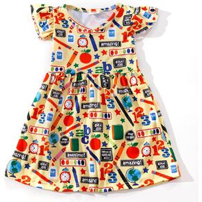 Toddler Girls Back to School Pencil Yellow Dress Causal Flutter Sleeve Ruffle Bottom Dress 6-7Y