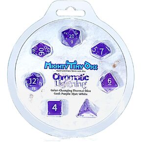 Gate Keeper Games & Dice: Mighty Tiny Dice: Chromatic Lightning - 7 pc - RPG Dice Set Thermal Color Changing, 12mm Resin, Change Color Purple to White