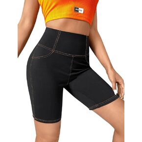 Floerns Women's Tummy Control High Waist White Stitching Black Biker Shorts