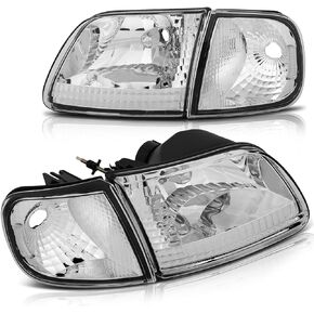مجموعة مصابيح أمامية لسيارة Ford Expedition 1997-2002 لسيارة Ford for F-150 1997-2003 لسيارة Ford for F-150 Heritage 2004 مبيت كروم غطاء شفاف للسائق ومصابيح أمامية جانبية للركاب