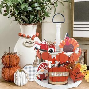 Wooden Block Set, 6PCS Thanksgiving Decor, Maple Turkey Sign for Tiered Tray Decor