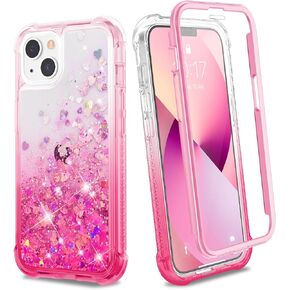 Ruky Case for iPhone 13 & iPhone 14, Full Body Glitter Liquid Case with Built-in Screen Protector Soft TPU Protective Girls Women Phone Case for iPhone 13 & iPhone 14 6.1", Gradient Pink