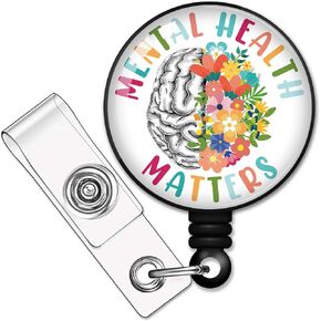 RZHV Mental Health Matters Retractable Badge Reel with Alligator Clip, Funny Flowers Mental Awareness Badge ID Card Badge Holder Gift for Nurses Doctors Social Worker Mental Health Month Psychologist