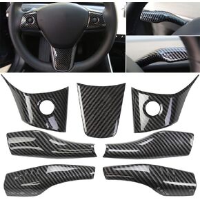 Gear Shift Cover with Steering Wheel Trim Cover for Tesla Model Y 2021-2024 for Tesla Model 3 2021-2023 Carbon Fiber Painting Steering Lever Cover with Steering Wheel Trim Panel Cover