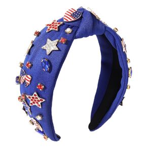 4 th of July Headband for Women American Flag Knottted Headband Star USA Charm Fourth of July Patriotic Headband Headpiece Red White and Blue Crystal Top Knot Wide Hairband Hair Accessories Gift (blue